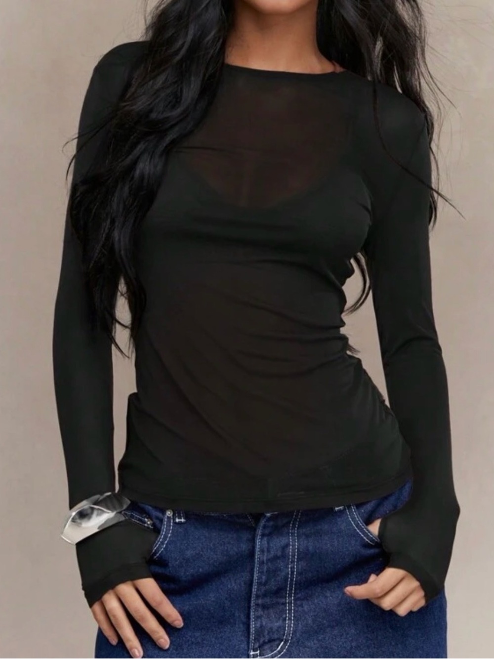 NEW Black Long-Sleeve Sheer Top - Women